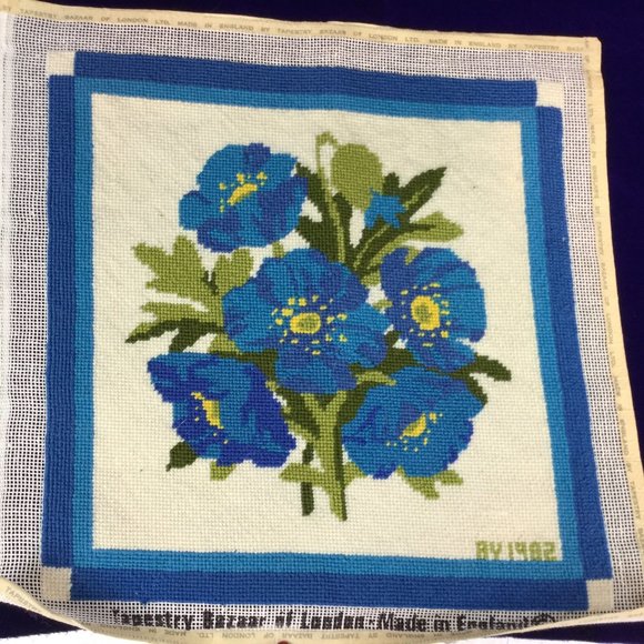 Vintage Other - Vintage Embroidery Flowers Blue Poppies Tapestry Bazaar England